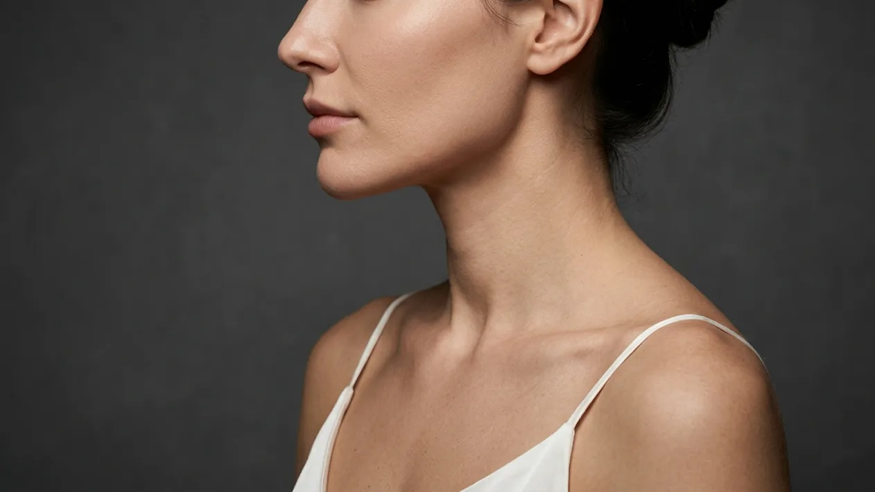 Ein seitliches Studio-Porträt einer Frau mit glatter, klarer Haut, minimalem natürlichem Make-up und eleganter Anatomie, aufgenommen mit weichem, professionellem Seitenlicht vor einem dunklen, strukturierten grauen Hintergrund. Das Model trägt ein einfaches weißes Spaghettiträger-Top, und der Kamerawinkel ist eine präzise Profilansicht, die sich auf Kieferlinie und Halsstruktur konzentriert.
