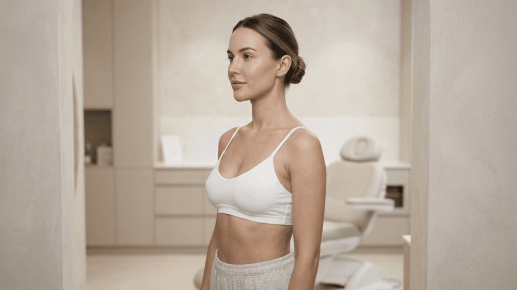 A profile view of a young woman with a natural, minimalist aesthetic standing in a modern, neutral-toned medical aesthetics clinic. She has her hair pulled back into a sleek bun, wears natural, subtle makeup, and is dressed in a simple white sports bra and light grey sweatpants. The lighting is soft and diffused, highlighting her facial features and athletic anatomy. In the softly blurred background, a professional examination chair is visible, suggesting a clinical or cosmetic consultation setting. The camera angle is at eye level, capturing a clean, professional, and composed portrait.