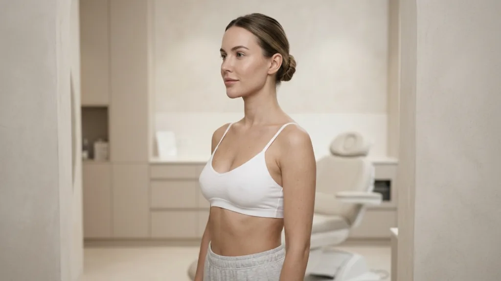 Ein Profilbild einer jungen Frau mit einem natürlichen, minimalistischen Ästhetik, die in einer modernen, neutral gefärbten medizinischen Ästhetik-Klinik steht. Sie hat ihr Haar zu einem eleganten Dutt zusammengefasst, trägt natürliches, dezentes Make-up und ist in einer einfachen weißen Sport-BH und leichten grauen Leggings gekleidet. Das Licht ist weich und diffus und betont ihre Gesichtszüge und athletische Anatomie. Im sanft unscharfen Hintergrund ist ein professioneller Untersuchungsstuhl zu sehen, was.