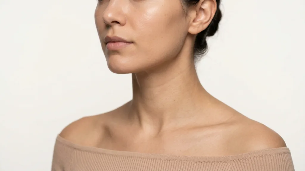Ein Close-up, studiobeleuchtetes Porträt des unteren Gesichts, Halses und Schultern einer Frau, aufgenommen aus leicht schrägem Drei-Quart-Angle. Das Motiv hat natürliche, faire Haut mit einem feuchten Textureffekt und minimal bis zu keinem sichtbaren Make-up. Ihre Anatomie umfasst eine klar definierte Kieferlinie, Schlüsselbeine und einen glatten Halsbereich. Sie trägt ein von der Schulter abgehender, geripptes Beige-Oberteil. Der Hintergrund ist sauber, einfarbig und helles Off-White, das die Merkmale des.