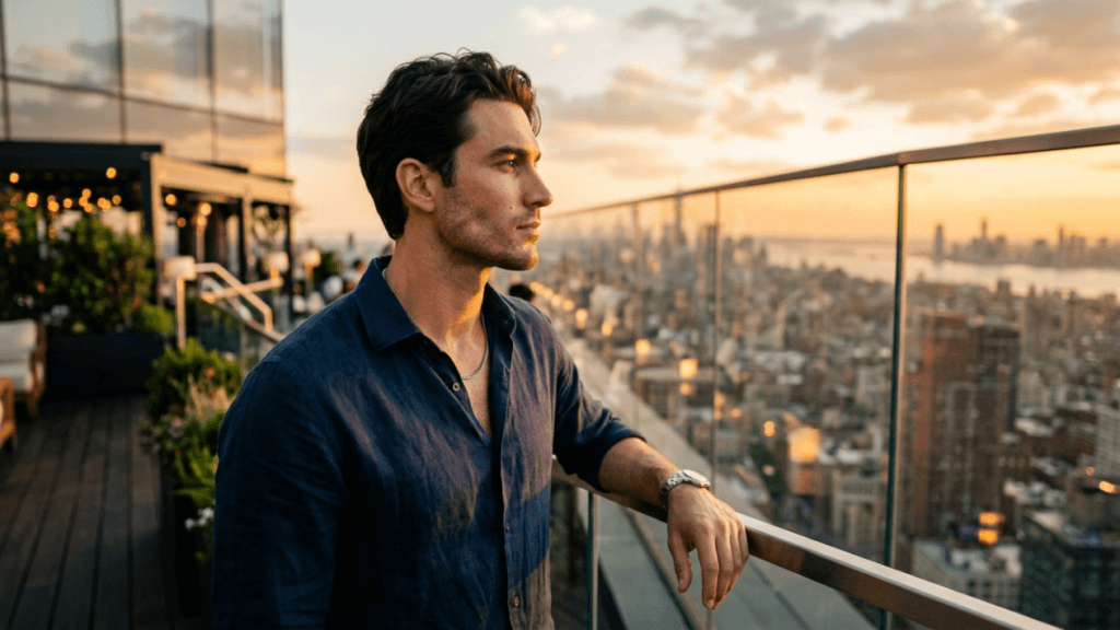 A medium shot captures a handsome man with a defined jawline and dark, styled hair, standing on a rooftop terrace at sunset. He is looking off into the distance, wearing a dark navy linen shirt and a silver chain necklace. A luxury wristwatch is visible on his left wrist as his hand rests on a glass railing. The warm, golden-hour light softly illuminates his face, highlighting his natural features. The background features a blurred, expansive city skyline under a soft evening sky, with out-of-focus terrace lights adding depth to the urban setting. The camera angle is at eye level, focusing on the man in profile, creating a serene and sophisticated atmosphere.