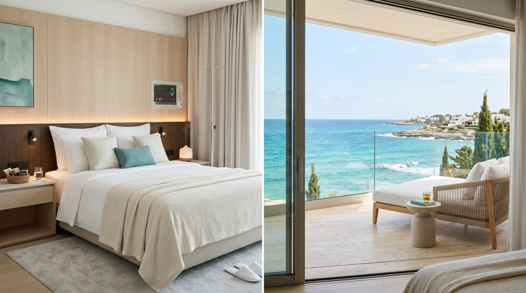 A split-view image of a modern, luxury recovery suite. On the left, a hotel-style bedroom features a comfortable bed with neutral-toned linens, warm ambient lighting, and a clinical monitor on the wall, creating a soothing, gender-neutral atmosphere. On the right, a bright balcony with floor-to-ceiling windows overlooks a stunning turquoise Mediterranean sea under a clear blue sky, with a comfortable lounge chair for relaxing in the natural sunlight. The interior design combines wood and soft textile elements, emphasizing comfort, healing, and premium care.