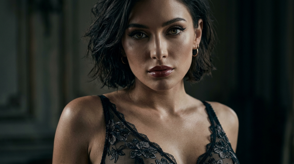 A portrait of a woman with a feminine and sophisticated aesthetic, featuring dark, wavy hair and hazel eyes. She is wearing bold, polished makeup with emphasis on winged eyeliner and a glossy deep-red lip. The subject has delicate facial features and smooth, glowing skin. She wears a black lace bralette with intricate floral embroidery. The lighting is cinematic and moody, highlighting her features against a dark, blurred, and understated background, emphasizing a feminine allure.
