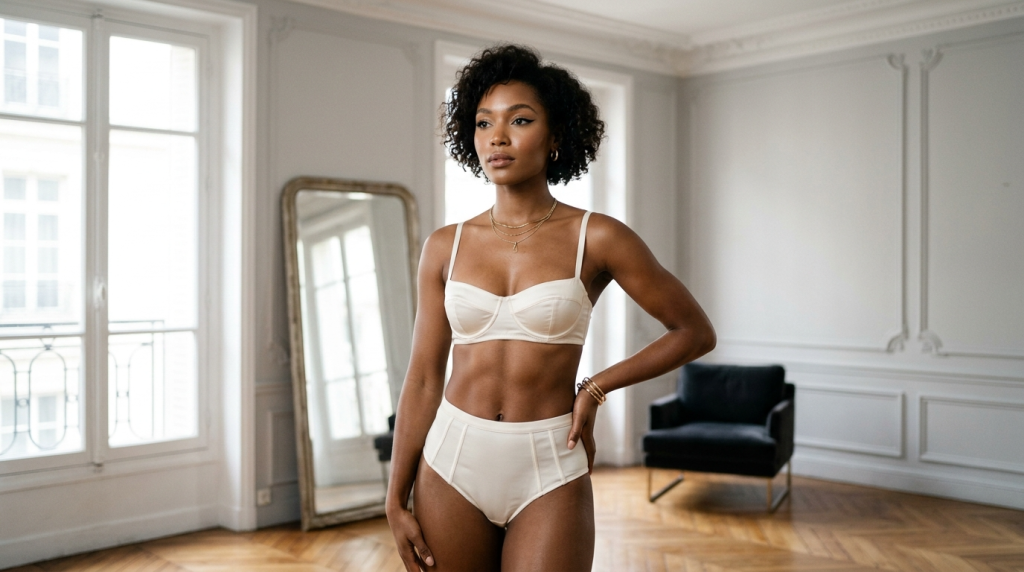 A confident woman with curly hair and feminine features, posing in an elegant, sunlit room with neoclassical wall moldings and a hardwood floor. She is wearing cream-colored high-waisted lingerie, accentuating her toned, athletic anatomy. Her makeup is subtle with winged eyeliner, complemented by delicate gold layered necklaces and bracelets. A large floor mirror and a black velvet armchair are visible in the soft-focus background, illuminated by natural light from large windows.