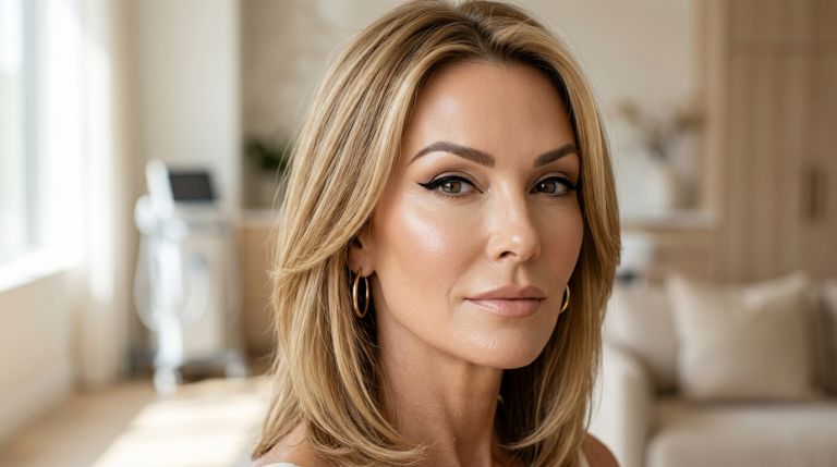 Close-up portrait of a woman with a feminine, elegant aesthetic featuring soft, natural lighting, glowing skin, and refined makeup with defined winged eyeliner and neutral lips. She has a symmetrical, youthful facial anatomy with blonde hair styled in a smooth, polished layered cut, wearing small gold hoop earrings. The background is a softly blurred, sophisticated medical or clinical office environment with neutral, light-toned decor, creating a calm and professional atmosphere. She is wearing a simple, minimalist cream-colored garment.
