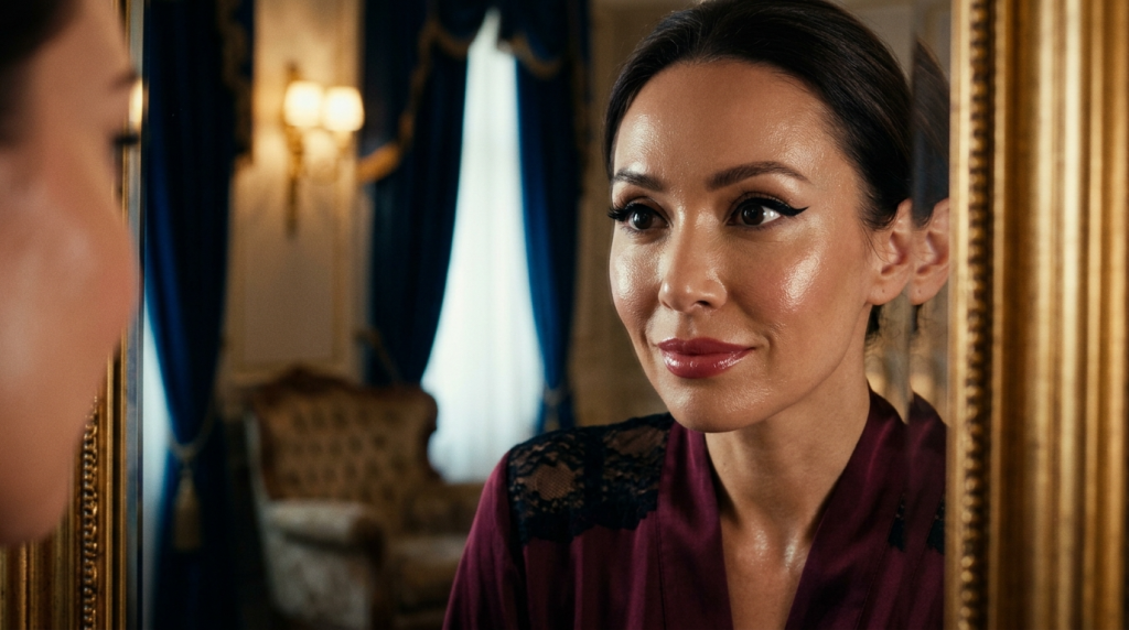 A feminine woman with an elegant appearance gazes into a golden-framed mirror, illuminated by warm, soft lighting that highlights her radiant complexion. She wears a deep maroon silk robe with delicate black lace detailing on the shoulders. Her makeup features a polished, dewy look with sharp cat-eye eyeliner and a glossy berry-toned lip. The background is a luxurious, classic room featuring plush blue velvet curtains, soft ambient lighting from a wall sconce, and an out-of-focus vintage armchair, creating a sophisticated and intimate atmosphere.
