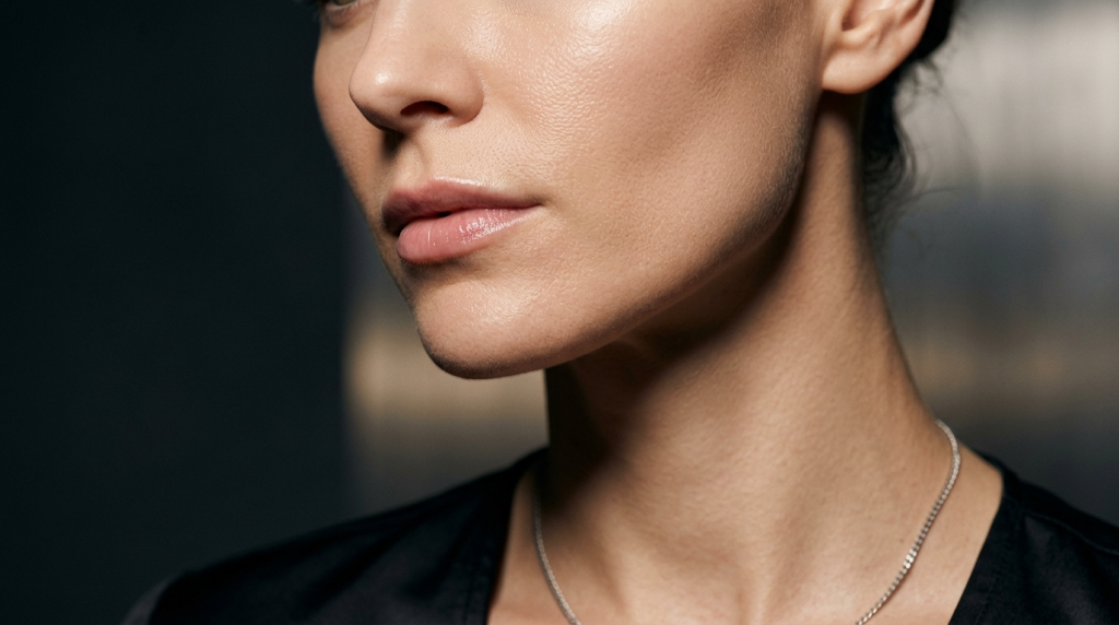 A close-up, high-detail portrait of a feminine face focusing on the jawline, lips, and neck. The lighting is soft and professional, highlighting natural skin texture and glowing, minimal makeup. The subject exhibits elegant, slender feminine facial anatomy. She is wearing a simple, thin silver necklace and a dark-colored garment with a refined neckline. The background is a moody, out-of-focus dark grey, creating a sophisticated and clean aesthetic.
