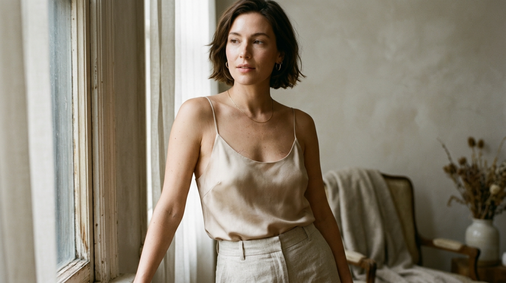 A portrait of a woman with short brown hair, captured in soft natural side lighting by a window. She has a natural, minimalist makeup look that accentuates her feminine features. She is wearing a beige satin camisole and light linen trousers, with a delicate gold chain necklace and small hoop earrings. The background is a minimalist, textured beige wall with a cozy armchair and a vase of dried flowers in the corner. The image conveys a serene, elegant aesthetic.