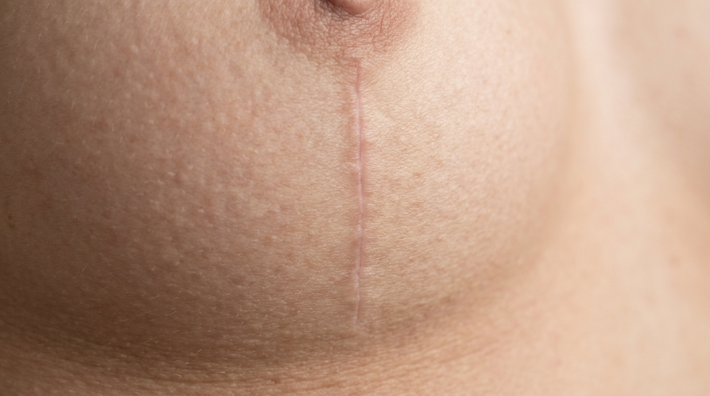 A close-up, medical-style shot of a feminine breast area under soft, neutral lighting, showing a clean surgical incision scar vertically placed below the nipple. The skin texture is natural and visible, with no makeup. The background is a blurred, neutral skin tone, and there is no clothing visible.