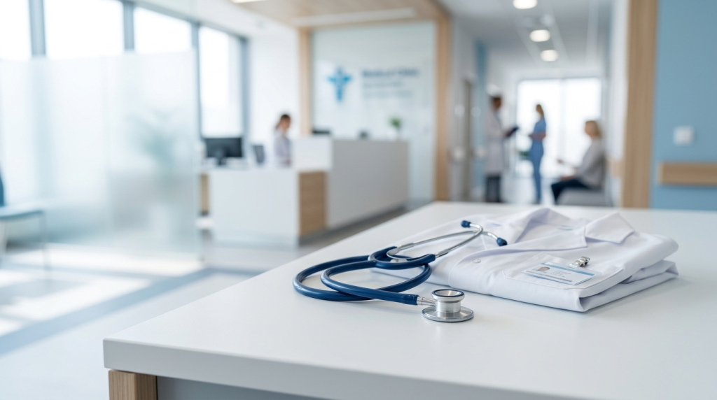 A professional medical setting featuring a clean, folded white doctor's coat and a blue stethoscope resting on a bright white desk in the foreground. The lighting is soft, natural, and bright, creating a calm and sterile atmosphere. The background is a slightly blurred, modern medical clinic or hospital waiting area with neutral tones of blue and white. There are no people in the immediate foreground, focusing instead on the professional attire, which is traditionally associated with both masculine and feminine medical professionals. The clinical environment exudes a sense of trust, professionalism, and hygiene, with no visible makeup or anatomy to highlight.