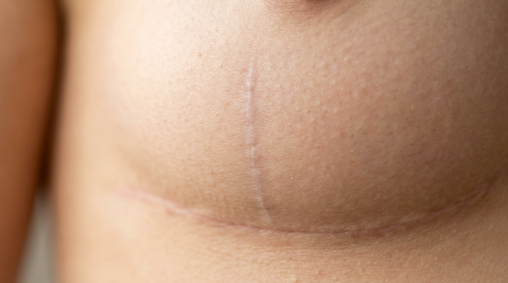 Close-up of human skin showing surgical scars after a breast surgery procedure, likely a breast reduction or lift. The image features soft, natural lighting highlighting skin texture, with no makeup present. The anatomy shown is a feminine chest area, focusing on the vertical and inframammary incision scars. There is no clothing visible, and the background is neutral and blurred to emphasize the surgical outcome.