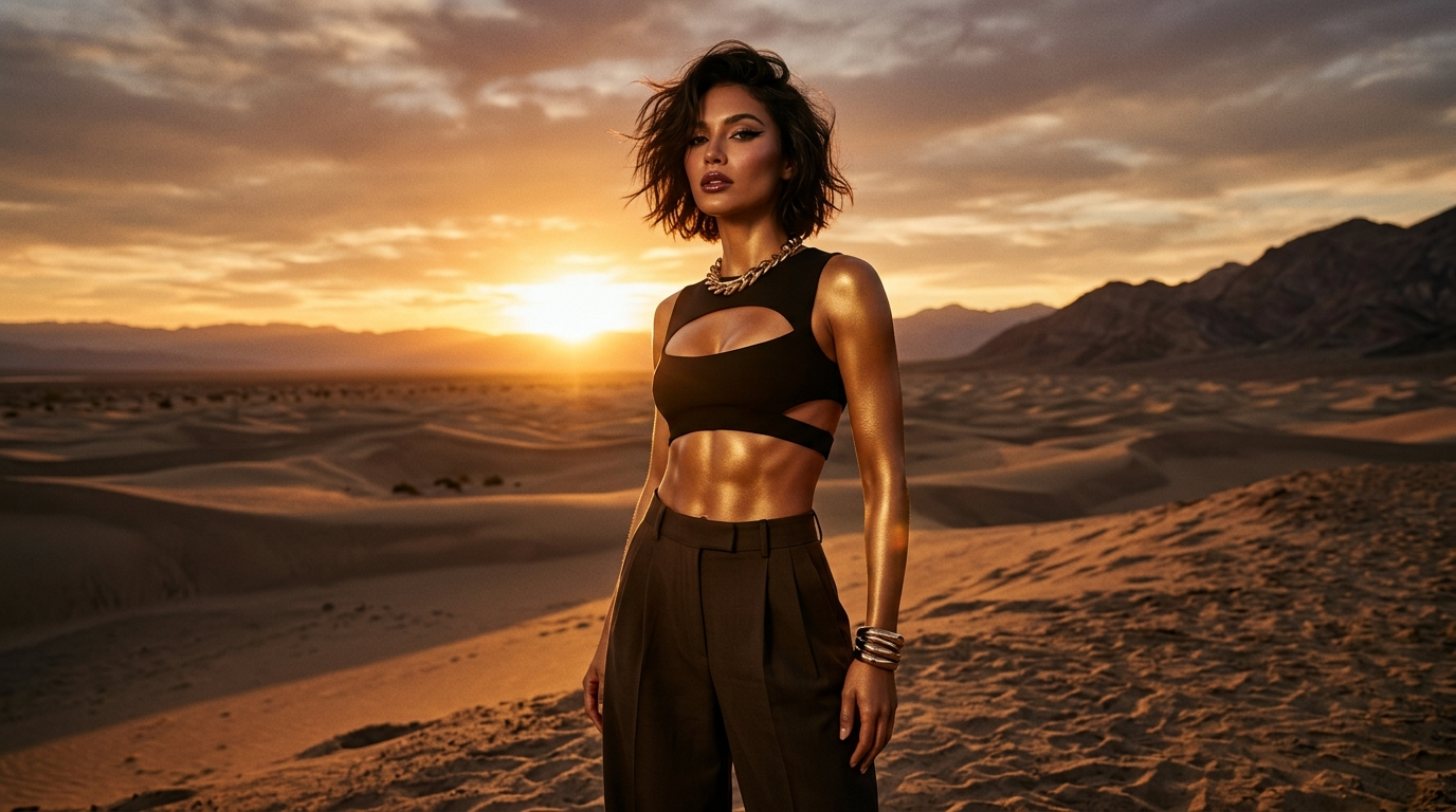 A high-fashion editorial portrait captured in 8k hyper-realistic resolution, likely using an 85mm prime lens for optimal portrait compression. The subject, a woman with a confident, powerful stance, features a perfectly toned, athletic physique with a defined, snatched midriff and muscular definition. Her skin exhibits a radiant, bronzed luminescence, subtly glistening with a light sheen that catches the dramatic, warm glow of a golden hour desert sunset. She wears a structured black cut-out crop top paired with high-waisted, tailored trousers, accented by a chunky gold chain necklace and stacking metal bangles that reflect the ambient light. The scene is masterfully lit with hard, directional side lighting from the setting sun, casting deep, sculptural shadows that emphasize her contours and create a luxurious, cinematic atmosphere. The vast, textured sand dune landscape stretches into the background, creating a serene yet striking contrast to the polished, high-fashion aesthetic of the subject.