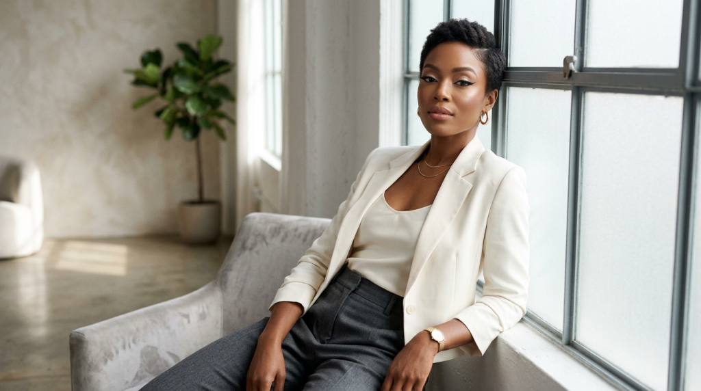 A professional portrait of a confident Black woman with a short, tapered haircut, wearing a cream-colored blazer over a matching top and charcoal grey trousers. She is seated gracefully next to a large window with soft, natural daylight illuminating her face. Her makeup is polished and elegant with defined eyeliner, and she is accessorized with gold hoop earrings and a delicate gold necklace. The background features a minimalist, modern interior with a decorative indoor plant, captured from a medium-angle shot.