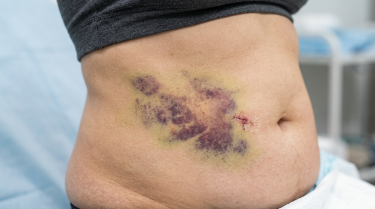 Close-up of a female patient's abdomen in a medical setting, featuring a large, irregularly shaped post-surgical bruise with purple, blue, and yellow hues surrounding a small, healing incision scar near the navel. The lighting is bright and even, characteristic of a clinical environment. The camera is angled slightly from the side, focusing on the abdominal skin, which is bare except for a dark grey sports bra top. The background is blurred, showing a light blue examination table sheet and clinical equipment. No makeup is present.