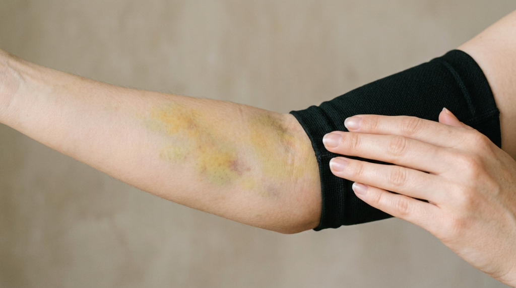 Close-up of a feminine forearm showing a large, healing yellowish-green bruise, illuminated by soft, natural-style indoor lighting from a slightly elevated angle. The individual wears a black compression sleeve on the upper arm, and the background is a neutral, light-toned wall. The skin texture is clear, and the focus is sharp on the area of contusion and the hand placed gently near the sleeve.
