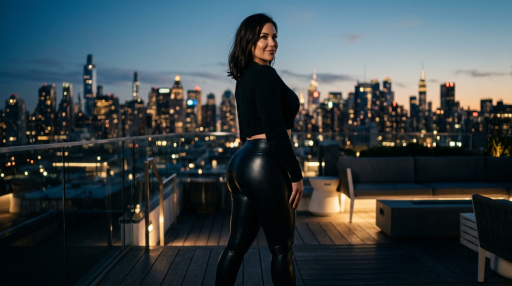 A confident woman with dark hair and natural makeup stands on a rooftop terrace at twilight, wearing a black long-sleeved cropped top and black leather leggings. The camera captures her in a three-quarter back view, highlighting her physique. Soft, ambient evening lighting illuminates her and the modern furniture on the deck, while the background showcases a breathtaking, blurred cityscape of New York with illuminated skyscrapers under a deepening blue dusk sky.