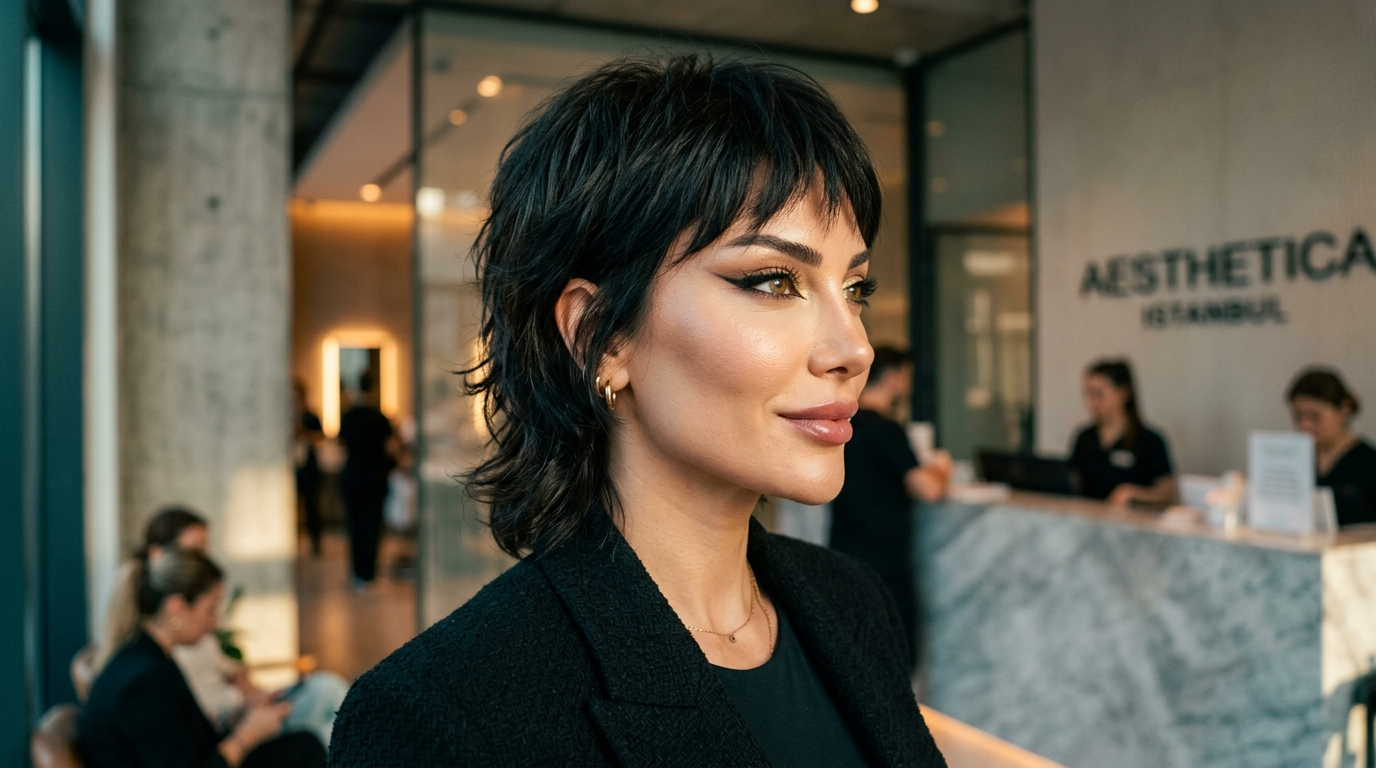 A side-profile shot of a feminine woman with a stylish, textured dark mullet haircut, wearing a black blazer over a black top and small gold hoop earrings. She has professional, contoured makeup with sharp eyeliner and glossy lips. The lighting is soft and natural, emphasizing her refined facial features. The camera angle is at eye level, focusing on her as she looks slightly to the side. The background is a modern, upscale clinic reception area with marble textures, soft ambient lighting, and staff members blurred in the distance, featuring the AESTHETICA ISTANBUL branding.