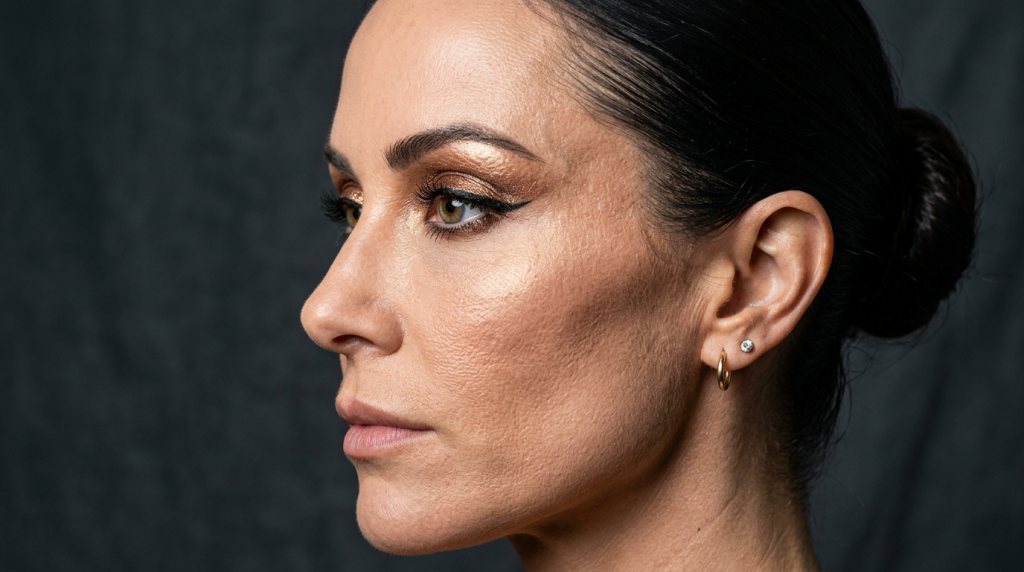 A profile close-up portrait of a woman with dark hair pulled back into a bun, featuring soft, professional studio lighting that highlights her facial anatomy. She has light-colored eyes and is wearing elegant makeup with bronze eyeshadow and a sharp black winged eyeliner. Her skin texture is visible, and she wears a small gold hoop earring and a stud earring in her visible ear. The camera angle is straight-on from the side, set against a dark, textured charcoal-grey background.