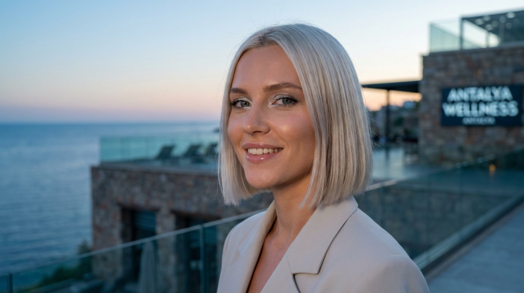 A medium close-up shot of a young woman with a feminine appearance, posing outdoors during the soft golden hour light. She has sleek, platinum-blonde bob-length hair and features a light, elegant makeup look with subtle shimmer on her eyelids and a glossy lip. She is wearing a light-colored professional blazer. The camera angle is at eye level, focusing on her friendly and smiling expression. In the blurred background, there is a modern stone building with a sign that reads 'ANTALYA WELLNESS' and a view of the sea under a twilight sky.