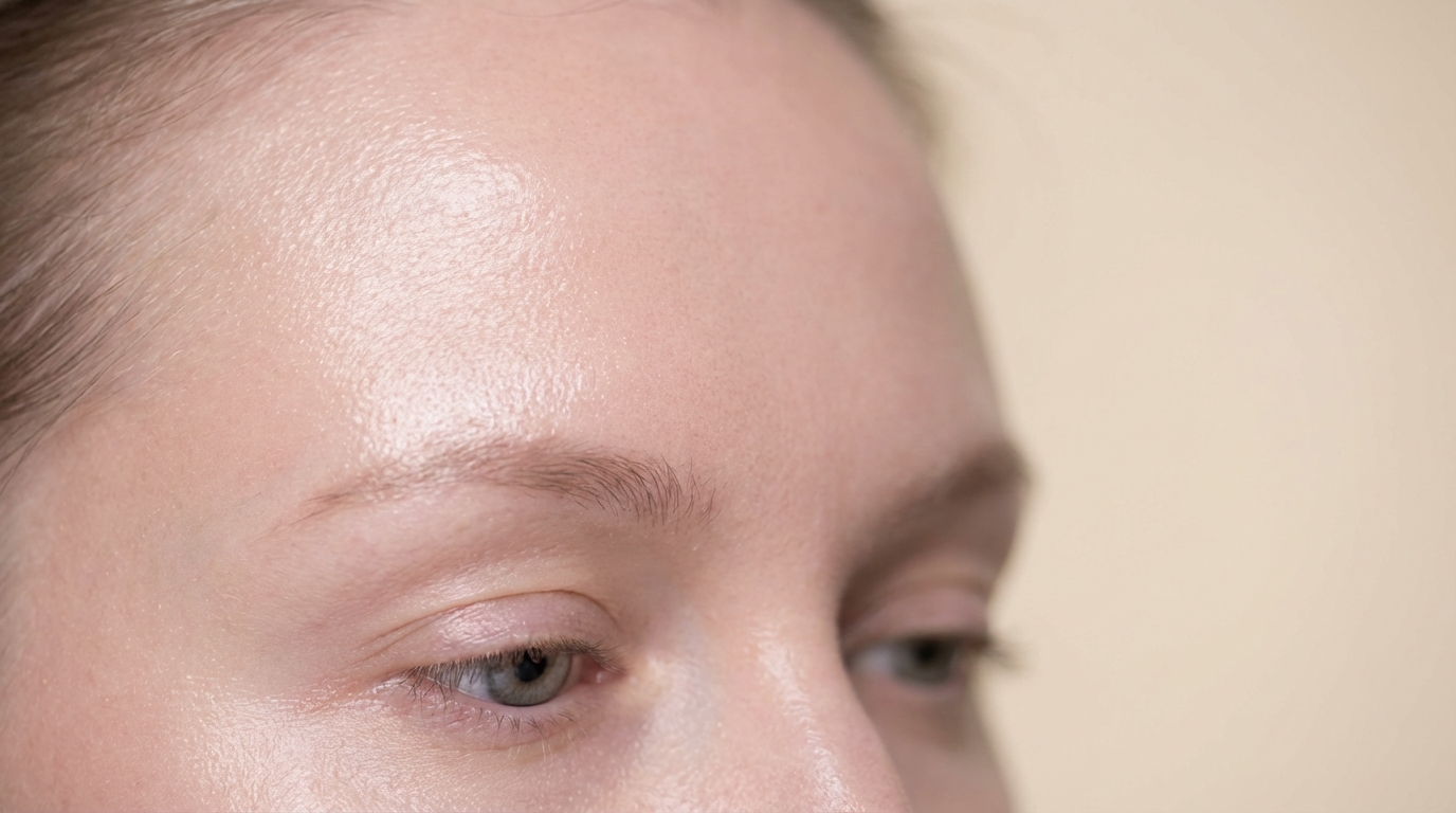 A close-up, high-angle shot focusing on the forehead and eyes of a fair-skinned female individual. The lighting is soft and bright, highlighting a natural, dewy skin texture without visible makeup. The person has light-colored eyes and natural, neatly shaped eyebrows. The background is a clean, neutral, and out-of-focus beige surface.