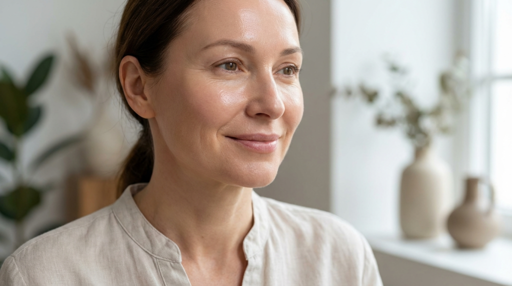 A medium close-up shot of a middle-aged woman with a natural, radiant complexion and minimal makeup, facing slightly to the side with a gentle smile. She has brown hair pulled back, visible fine lines around her eyes, and clear skin texture. She is wearing a simple, light beige, textured collared shirt. The lighting is soft, natural, and bright, coming from a window behind her, creating a fresh, serene atmosphere. The background is a minimalist indoor space with blurred greenery and ceramic vases on a windowsill, adding a soft, clean aesthetic. The camera angle is at eye level, highlighting a healthy and youthful appearance.