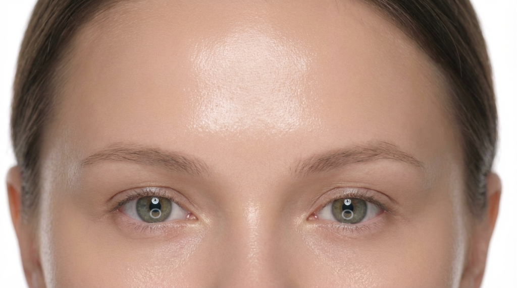 A close-up, front-facing portrait of a woman with natural, dewy skin and no makeup. The lighting is bright and even, likely from a ring light, visible as reflections in her green eyes. Her eyebrows are natural, and the camera angle is at eye level. She has a clear, smooth complexion with a subtle healthy glow, and her hair is pulled back, against a plain white background.