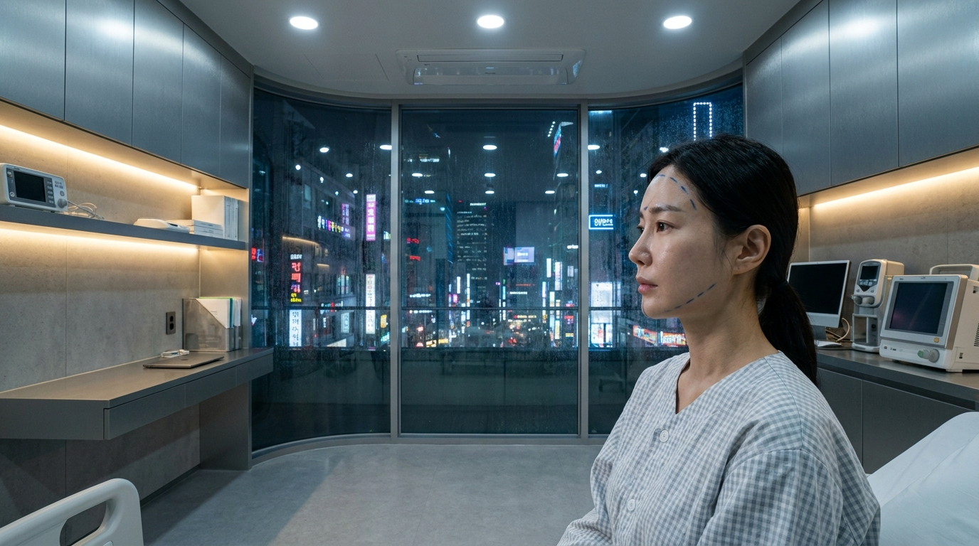 A profile view of an East Asian woman with dark hair tied back, sitting in a modern, clinical hospital room at night. She has subtle surgical markings drawn in blue ink along her jawline and face, indicating preparation for a procedure. She is wearing a light-colored, patterned hospital gown. Her skin is natural, with minimal makeup. The room features soft, recessed warm lighting, sleek cabinetry, and medical monitors. A large, curved floor-to-ceiling window behind her overlooks a vibrant, rain-streaked cityscape at night with illuminated skyscrapers. The camera angle is at eye-level, capturing a calm and contemplative moment in a professional medical environment.