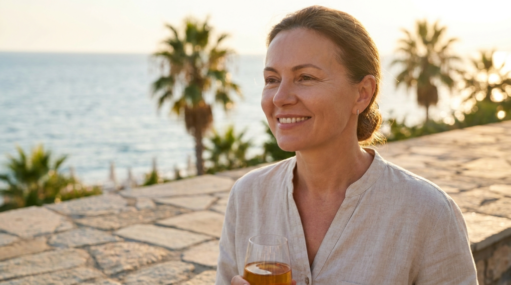 A middle-aged woman with a gentle, natural appearance and minimal makeup is smiling softly while holding a glass of amber-colored drink. She is captured from a slightly high-angle, medium-close shot outdoors at sunset, with golden hour light illuminating her face and hair. She has a fair complexion, graceful features, and her hair is styled in a simple, low bun. She is wearing a casual, light-colored, button-down linen shirt. The background features a serene seaside setting with out-of-focus palm trees and a stone wall, creating a warm, relaxed atmosphere.