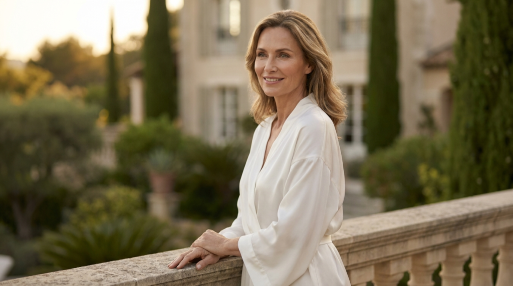 A middle-aged woman with shoulder-length light brown hair and a gentle, natural smile, leaning on a stone railing. She is wearing a clean, white satin robe. The lighting is soft and golden, suggesting a sunset or early morning hour. The camera angle is at eye level, capturing her from the side. She has a refined appearance with very subtle, natural makeup. The background shows a luxurious villa garden with stone architecture and tall cypress trees, blurred to create a soft bokeh effect.