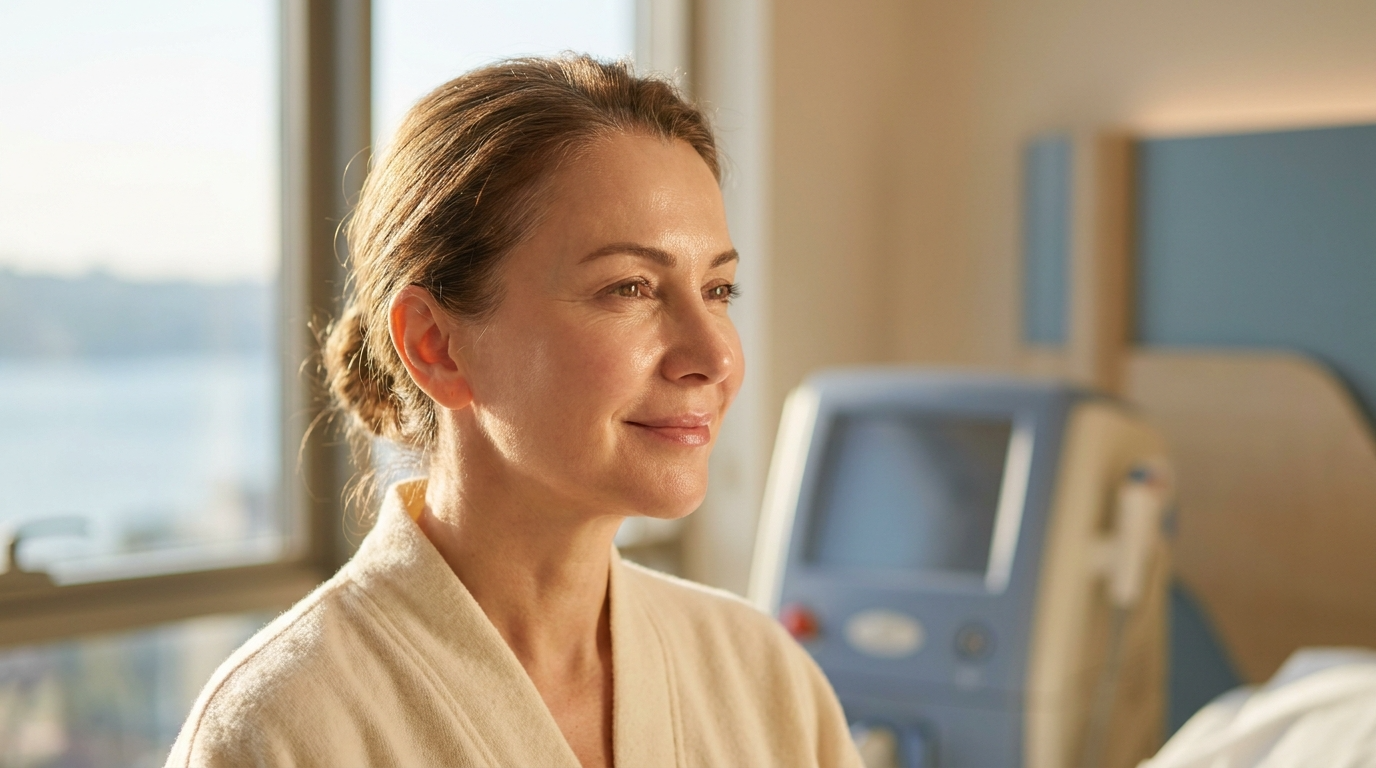A medium close-up shot of a middle-aged woman with a serene expression, sitting in a hospital room. She is facing slightly to the right, illuminated by soft, natural warm light streaming from a window behind her, creating a gentle rim light on her hair and face. She has subtle, natural-looking makeup, and her hair is pulled back in a neat bun. She is wearing a soft, beige, light-textured robe. The background is softly blurred, showing a modern hospital bed setup and a medical monitoring device, conveying a calm, post-operative, or clinical recovery setting. Her anatomy is defined by soft features, with a gentle smile and calm eyes, suggesting comfort and positivity.