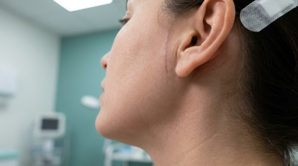 Close-up profile shot of a female patient's face in a medical setting. The lighting is soft and clinical, highlighting the texture of the skin. The camera angle focuses on the side profile, showing a thin, healing surgical scar running vertically in front of the ear. The patient has no visible makeup, has a white adhesive bandage on her temple, and the background is a blurred, out-of-focus clinical room with soft green tones and medical equipment.