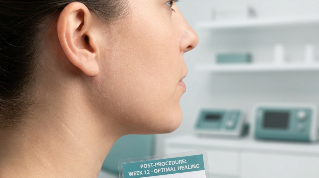A close-up profile shot of a female patient showcasing the healing progress 12 weeks after surgery. The lighting is soft and professional, highlighting the natural skin texture and a faint, well-healed incision line along the jawline near the ear. The camera angle is at eye level, focusing on the anatomy of the ear and jaw. No makeup is visible on the clean, clear skin. The background is a blurred, bright clinical setting with medical equipment, maintaining a sterile and professional atmosphere. A small, clear card labeled 'POST-PROCEDURE: WEEK 12 - OPTIMAL HEALING' is held at the bottom of the frame.