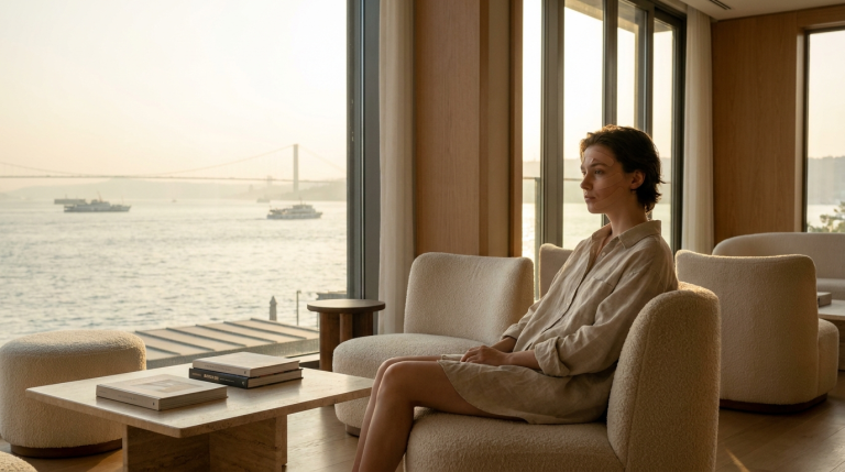 A young female patient with natural features and minimal makeup, wearing facial recovery tapes, sits in a beige linen shirt on a soft armchair in a luxury room. The camera captures her in a profile view from the side, with warm, soft sunset lighting streaming in from large windows. The background features a serene coastal view with a bridge and calm sea, creating a peaceful, contemplative atmosphere.