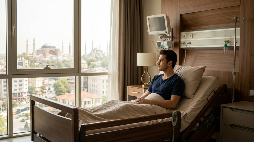 A young man with masculine features, wearing a casual dark blue t-shirt, sits upright in a modern hospital bed. He has short, dark brown hair, natural skin, and no makeup, with his gaze directed thoughtfully toward the large window. The lighting is soft and natural, coming from the daylight outside. The camera angle is at eye level, capturing a medium side profile of the patient. The background features a hospital room with wooden headboard panels, medical equipment, and a bedside table with a lamp. Outside the window, a scenic view of Istanbul, including the Hagia Sophia, is visible in the bright, sunny cityscape.