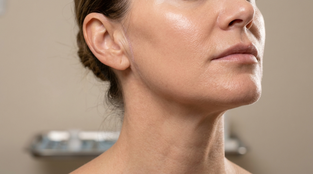A close-up, studio-lit photograph of a female patient's jawline and neck from a side profile angle, focusing on smooth skin texture and natural anatomy with no visible makeup, set against a soft, out-of-focus medical clinic background.