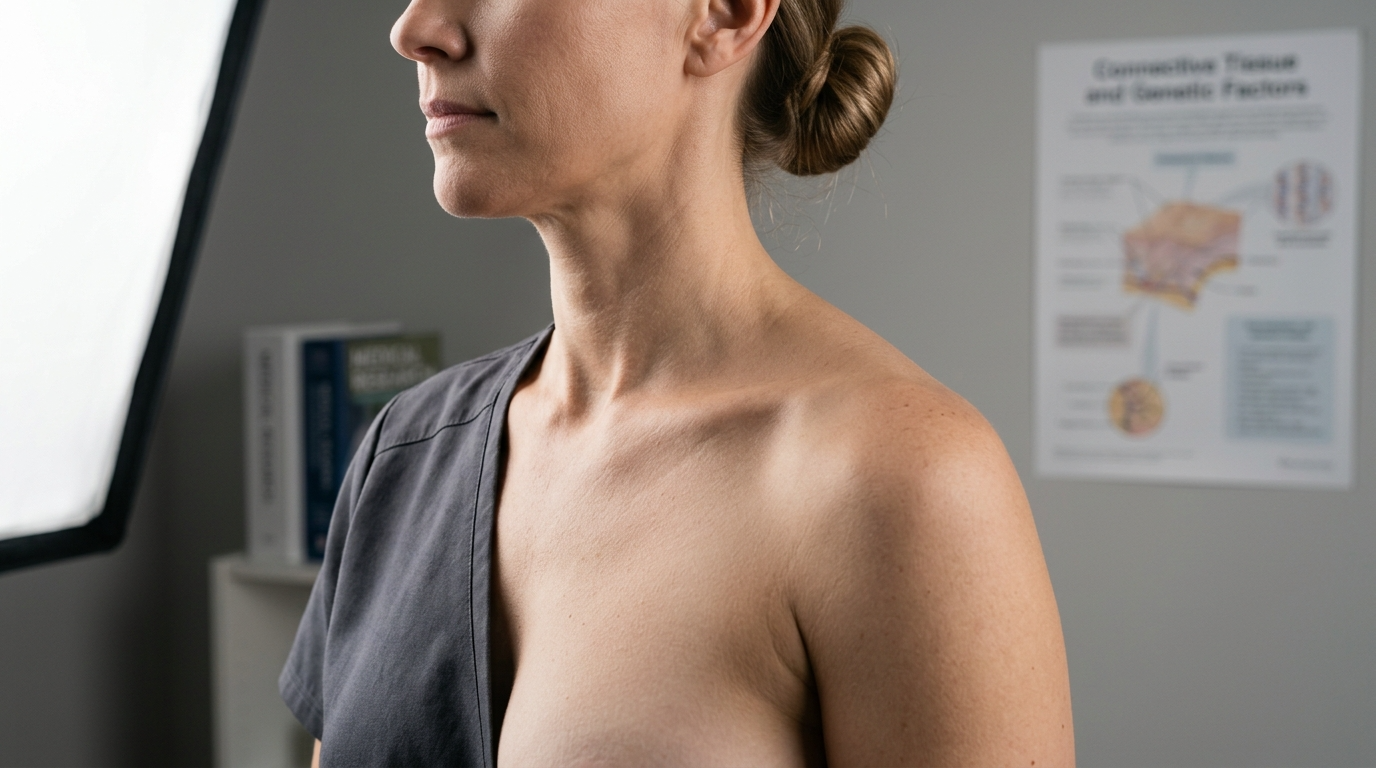 Close-up profile view of a woman with a feminine build, clean skin with minimal to no makeup, and hair pulled back in a neat bun. She is wearing a grey scrub top. The lighting is bright and professional, typical of a clinical setting. The background includes a soft-focus medical chart detailing 'Connective Tissue and Genetic Factors' and a blurred bookshelf, emphasizing an anatomical and medical context. The focus is on the patient's neck, shoulder, and upper chest anatomy.