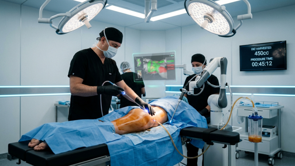 A medium shot captures a surgical team in a high-tech operating room performing a fat-grafting procedure. On the left, a male surgeon wearing a black scrub top, surgical cap, and mask uses a cannula to treat a patient lying prone on the table, covered by a blue surgical drape. On the right, a female surgeon assists, positioned behind a robotic arm that interfaces with a floating holographic display showing a 3D anatomical map of the patient's body with highlighted target areas. The scene is brightly lit by surgical overhead lights, creating a clinical, professional, and futuristic atmosphere. The background features clean white walls and a monitor displaying 'FAT HARVESTED: 450cc' and 'PROCEDURE TIME: 00:45:12'. Both surgeons are wearing gloves, masks, and surgical caps, focusing intently on the procedure.