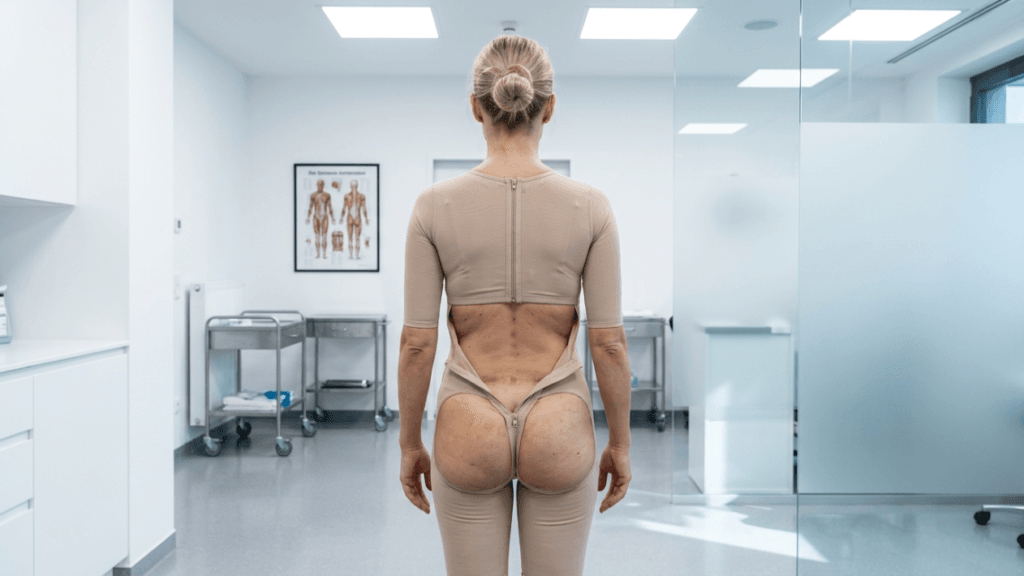 A back view of a woman with blonde hair tied in a bun, standing in a clinical office setting. She is wearing a beige compression bodysuit, which is unzipped at the back, revealing her lower back and glutes. The lighting is bright and even, typical of a medical facility. The camera is positioned at eye level, capturing the person from behind. The background features white walls, medical furniture, a glass partition, and an anatomical chart on the wall. The overall environment suggests a post-surgical or cosmetic consultation context.