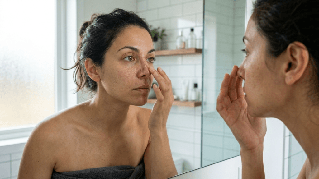 A candid close-up shot of a woman with dark hair pulled back, examining her nose in a bathroom mirror. The lighting is bright and natural, coming from a nearby window, casting soft highlights on her face. She has a natural appearance with no visible makeup, showcasing realistic skin texture. The woman is angled slightly towards the mirror, with her reflection visible on the right side. She is wearing a grey towel wrapped around her shoulders. The background features a modern bathroom with white subway tiles and wooden shelves holding various toiletries, creating a clean, clinical yet personal atmosphere.