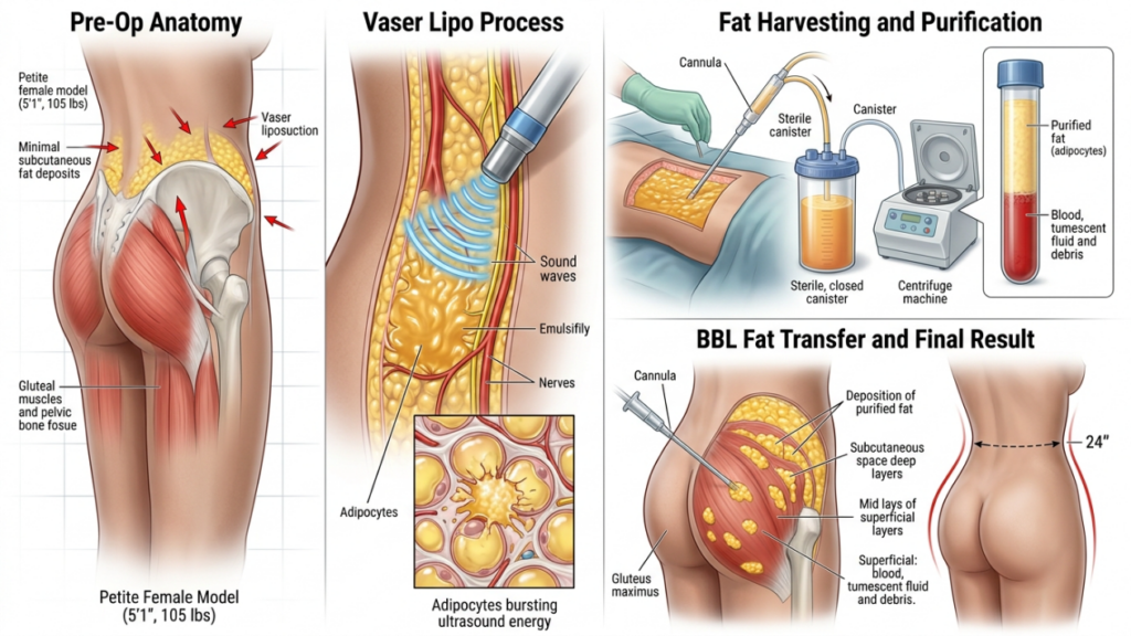 A four-panel medical illustration titled 'Pre-Op Anatomy', 'Vaser Lipo Process', 'Fat Harvesting and Purification', and 'BBL Fat Transfer and Final Result'. The image uses bright, clinical lighting against a clean white background. It depicts a 3D-style medical diagram of a petite female physique, focusing on anatomical structures like the gluteus maximus, pelvic bone, and subcutaneous fat. There are no faces, makeup, or clothing shown, just clinical skin tones. The camera angles are profile and three-quarter views, providing clear medical context of Vaser liposuction, the use of a cannula, a centrifuge machine for fat purification, and the final fat injection process.