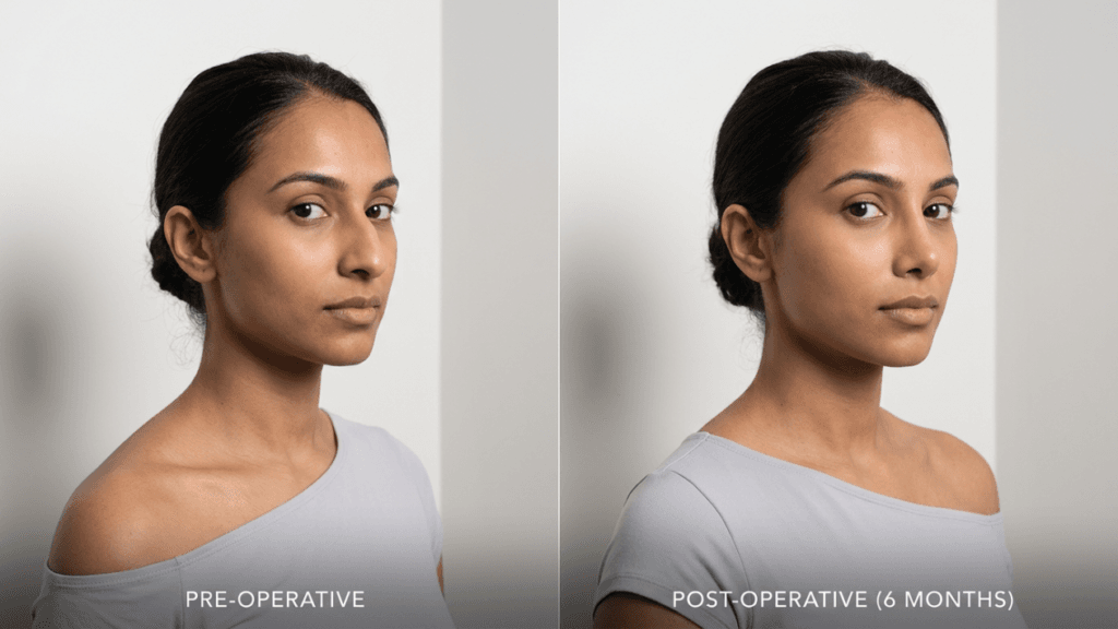 Before and after comparison of a female patient's facial profile, specifically focusing on rhinoplasty results. The image shows a woman with dark hair pulled back, wearing a light grey off-the-shoulder top. The lighting is soft, neutral, and studio-quality, evenly illuminating her face against a clean, plain off-white corner background. The camera angle is a consistent side-profile portrait view for both 'Pre-operative' and 'Post-operative (6 months)' shots. The patient has minimal, natural-looking makeup, and her facial anatomy remains consistent across both shots, highlighting the subtle, refined change in the nasal structure.