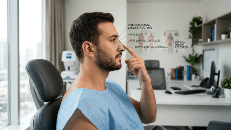 A profile shot of a man with short dark hair and a beard, wearing a light blue medical gown, sitting in a doctor's office. He is pointing to his nose, which has a 3D wireframe diagram overlaid to illustrate nasal anatomy, including labels for the nasal bone, upper and lower lateral cartilages, internal nasal valve structure, and dorsal height. The lighting is soft and natural from a large window. The background features a medical office with a desk, computer, bookshelves, and anatomical posters.
