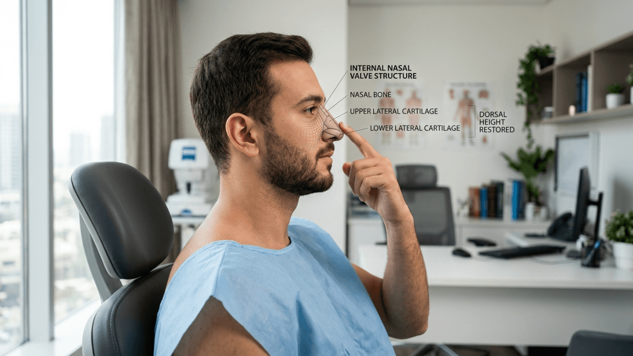 A profile shot of a man with short dark hair and a beard, wearing a light blue medical gown, sitting in a doctor's office. He is pointing to his nose, which has a 3D wireframe diagram overlaid to illustrate nasal anatomy, including labels for the nasal bone, upper and lower lateral cartilages, internal nasal valve structure, and dorsal height. The lighting is soft and natural from a large window. The background features a medical office with a desk, computer, bookshelves, and anatomical posters.