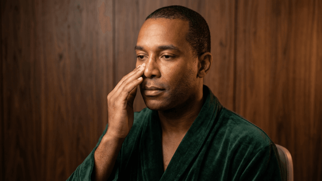 A medium close-up, eye-level shot of a Black man with short dark hair, wearing a dark green velvet robe, sitting against a warm-toned wooden panel background. The lighting is soft and flattering, highlighting his facial features as he gently touches the bridge of his nose with his right hand. He has a natural, clean-shaven face without makeup. His expression is calm and contemplative, and the focus is sharp on his face and hand, capturing a clinical or aesthetic consultation moment.