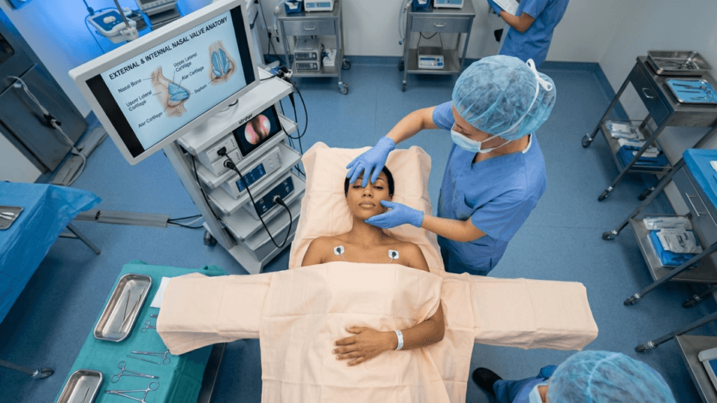 A high-angle, wide shot inside a sterile, bright operating room showing a medical procedure. A female surgeon, wearing blue scrubs, a surgical mask, a hairnet, and blue gloves, stands over a female patient lying on an operating table, examining her face. The patient, who has a dark skin tone, is lying flat, covered with a sterile peach-colored surgical drape, with EKG electrodes visible on her chest. To the left, a medical cart displays a monitor with a diagram titled 'EXTERNAL & INTERNAL NASAL VALVE ANATOMY'. Other surgical equipment, including metal trays with instruments and another staff member in the background, are visible in the clean, clinical setting with cool, uniform overhead lighting.