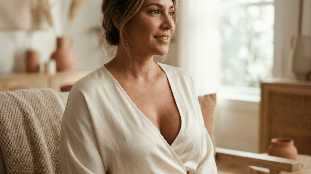 A medium shot of a woman with a gentle smile and soft, natural makeup, wearing a cream-colored silk wrap top. The lighting is bright and airy, emanating from a large window in the background, creating a serene and warm atmosphere. She is positioned slightly to the right, looking off-camera. The background features a cozy, modern interior with blurred terracotta-toned decorative vases and soft textures, emphasizing a peaceful and aesthetic setting. The focus is on her serene facial expression and the elegant drape of her clothing.