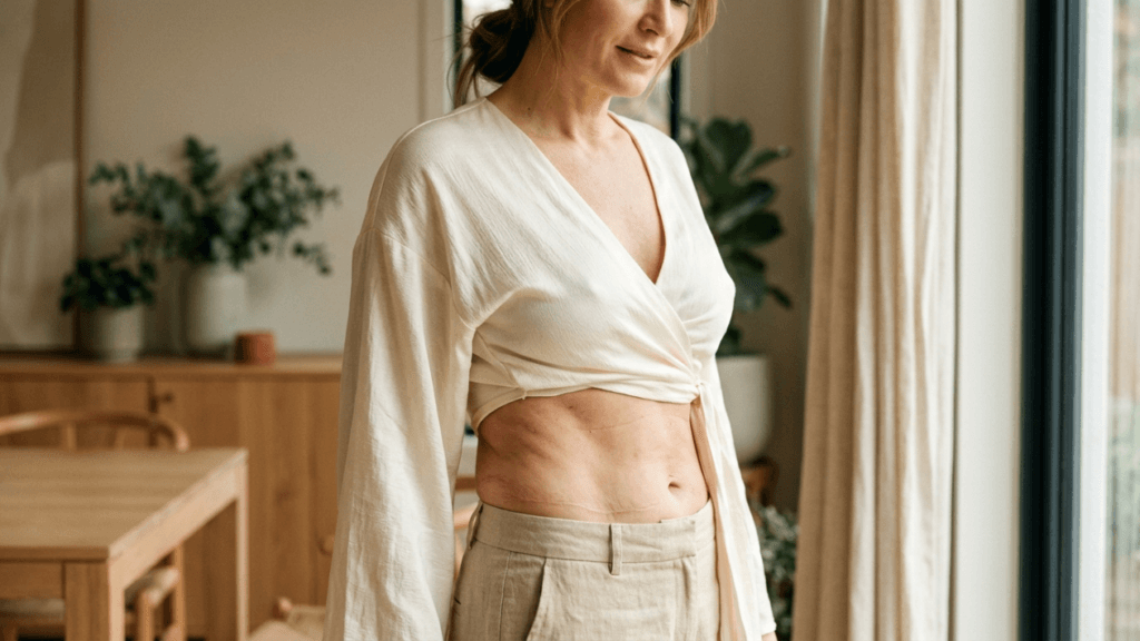 A medium shot of a woman with long hair tied back, wearing a cream-colored wrap top and light-colored linen pants. The photo is taken from a slightly high angle in a naturally lit, minimalist home interior. She is looking down at her abdomen, which shows visible surgical scars across the lower stomach area. The lighting is soft and diffused, highlighting the texture of her skin and clothing. The background features a blurred wooden dining set, potted plants, and sheer curtains. The image has a calm, natural aesthetic.