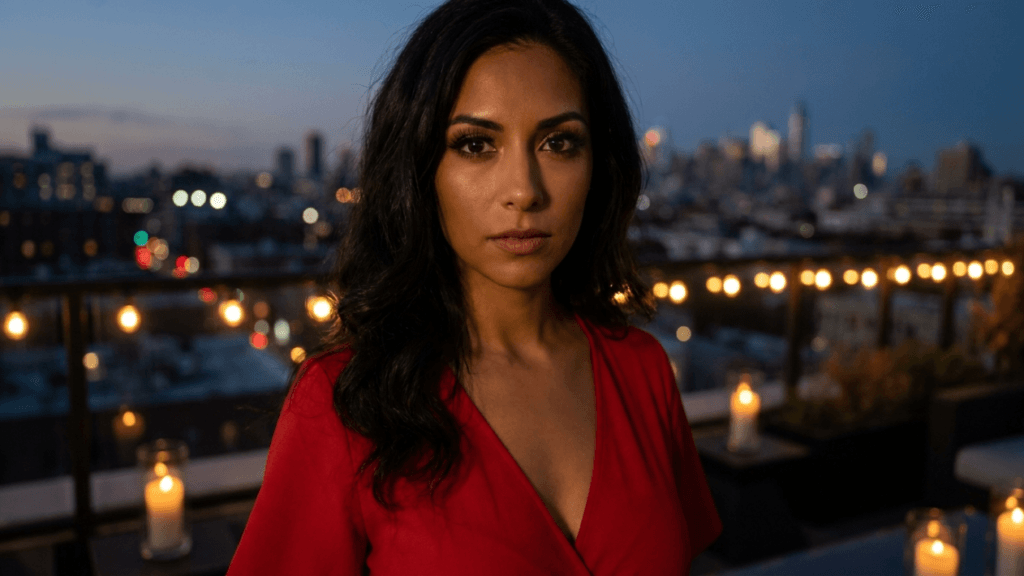 A medium shot portrait of a beautiful woman with long dark wavy hair looking directly at the camera, wearing a red v-neck dress. She has defined, elegant makeup featuring enhanced eyelashes and neutral tones. The scene is set at twilight on a rooftop terrace, illuminated by warm, glowing string lights and candles in the foreground, with the soft-focus city skyline in the background. The lighting is soft and moody, emphasizing her facial features, captured from a direct eye-level angle.
