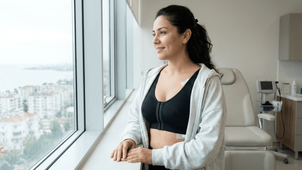 A medium shot, eye-level photograph of a middle-aged woman with dark, wavy hair pulled back, standing by a large window in a clean, bright medical clinic. She is looking out the window with a gentle, positive expression, reflecting a sense of recovery. She has minimal, natural makeup and wears a post-operative black compression sports bra and an open light-grey hoodie, with visible small medical tapes on her upper chest and near her shoulder, suggesting a recent surgical procedure. The lighting is soft, natural, and diffused, coming from the window, highlighting her face. The background is softly out of focus, featuring a modern, minimalist examination room with a white treatment bed, creating a professional and calm healthcare environment.