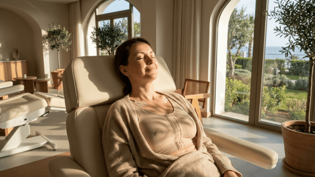 A serene, middle-aged woman with a feminine appearance, resting with her eyes closed in a comfortable chair. She is wearing a post-surgical medical compression bra under a soft, beige cardigan. There are small, inconspicuous surgical dressing tapes visible on her upper chest near the collarbone. Her face has natural, minimal makeup, and she exhibits a relaxed, peaceful expression. The photo is taken from a medium-angle, capturing her in profile. The lighting is soft, warm, natural afternoon sunlight streaming through large arched windows, casting gentle shadows across her skin. The background is a bright, modern, minimalist spa-like recovery room with wooden furniture and potted plants, looking out onto a sunny, lush green garden and the sea in the distance.